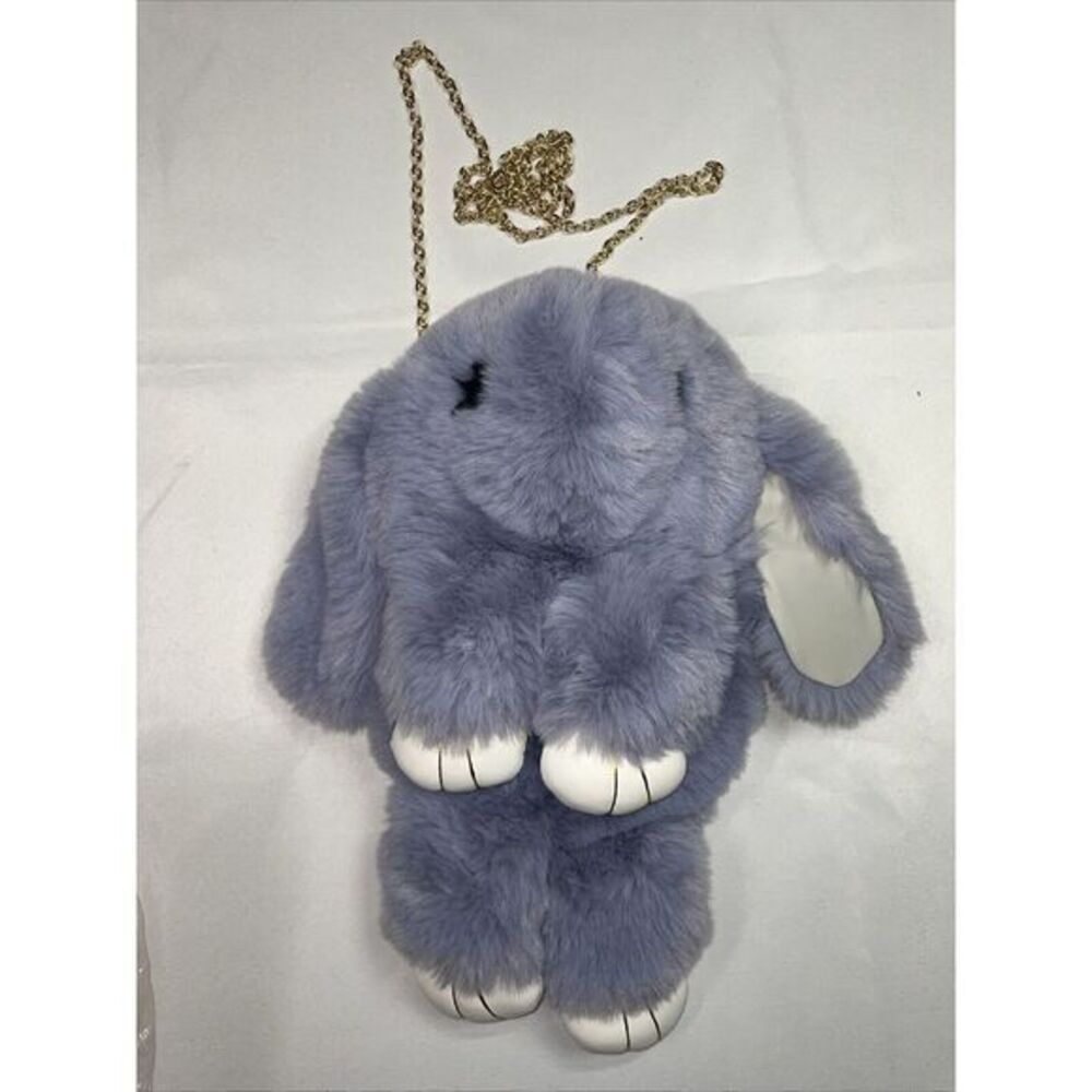 Furry Soft Rabbit shaped 12" crossbody/backpack Blue Gold Tone Chain Strap